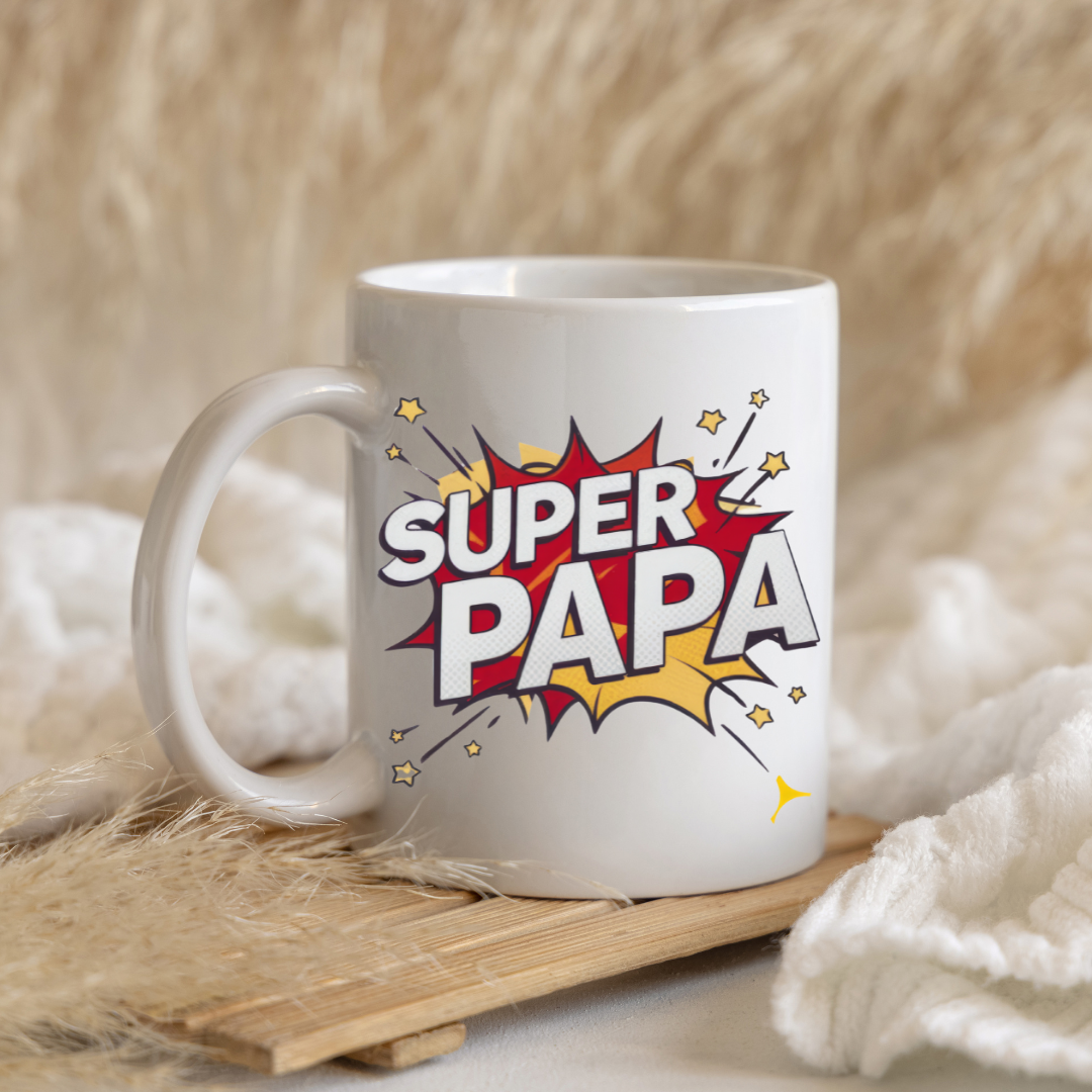 Tasse „Super Papa“ im Comic-Stil – Heldengeschenk  (330 ml)