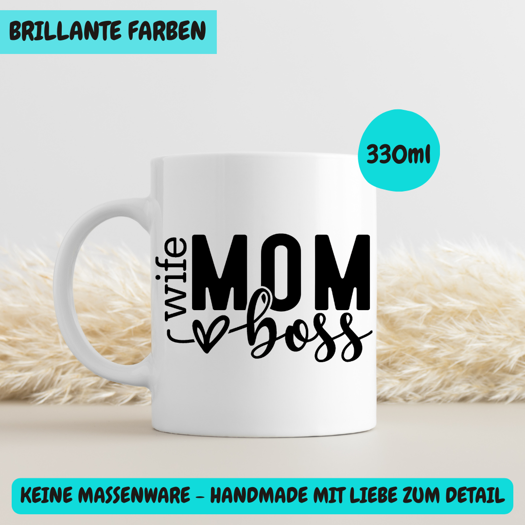 Tasse "Mom Boss" mit Herz – Beidseitig bedruckte Keramiktasse (330 ml) – Stilvolles Geschenk für Power-Mamas