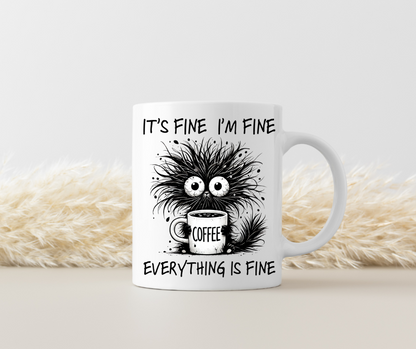 Keramiktasse mit lustigem Katzenmotiv – IT'S FINE, I'M FINE, EVERYTHING IS FINE – Perfekte Bürotasse