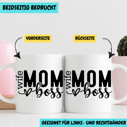 Tasse "Mom Boss" mit Herz – Beidseitig bedruckte Keramiktasse (330 ml) – Stilvolles Geschenk für Power-Mamas