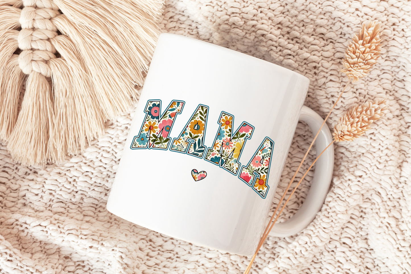 Tasse "MAMA" mit floralem Design & Herz – Geschenk für Mama, Muttertag, Geburtstag, beidseitig bedruckt, Keramiktasse 330ml