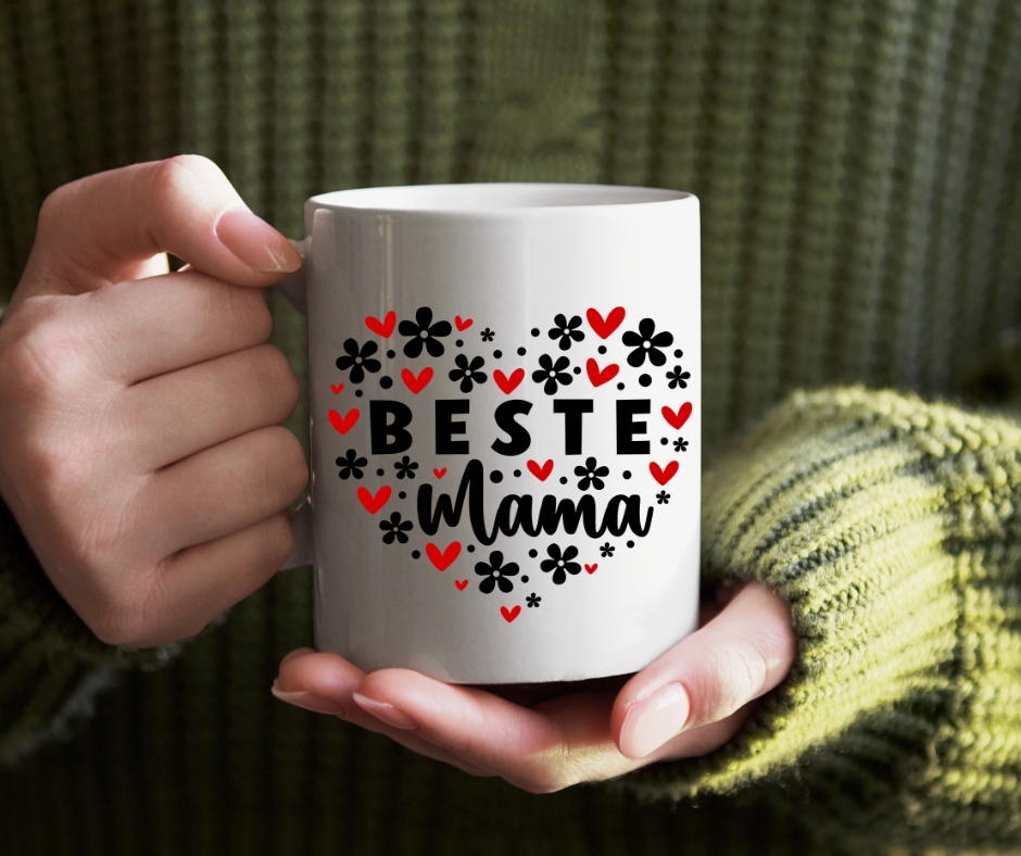 Tasse Beste Mama mit Herzen – beidseitig bedruckt, Geschenk zum Muttertag & Geburtstag“