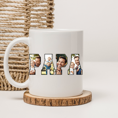 Personalisierte Fototasse „PAPA“ – Gestalte den Schriftzug mit deinen eigenen Fotos – Beidseitig bedruckte Keramiktasse (330 ml)